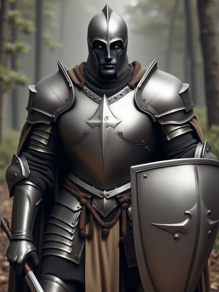 Noble Knight in Silver Armor, Holding Silver Shield and Spea...