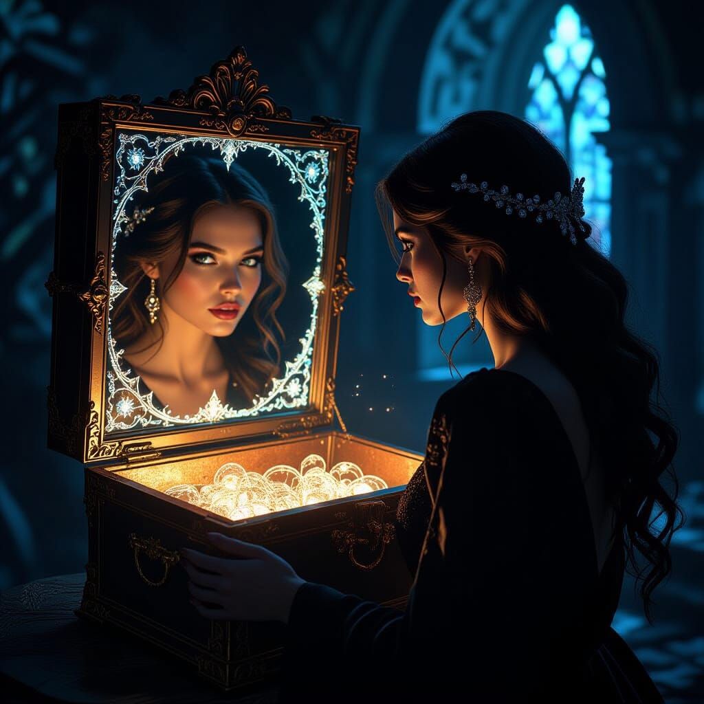 Mystical Chamber: Woman Gazing into Treasure Chest