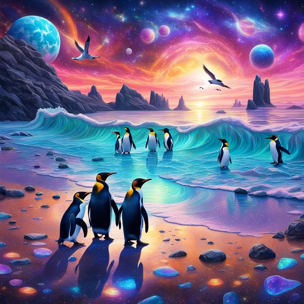 Penguins on a Beach: Astral Cosmic Illustration