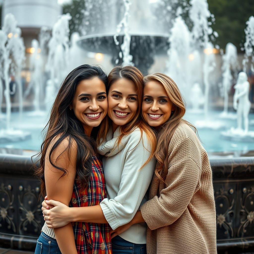 Women Hugging by a Water Fountain in Cinematic Style