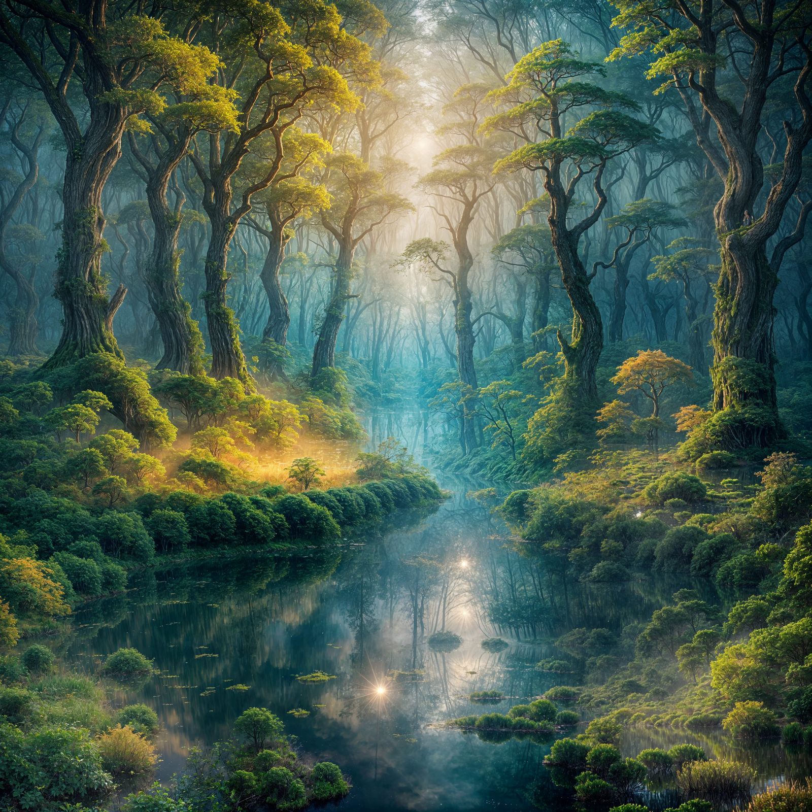 Surreal Dreamscape with Floating Forest in Golden Hour