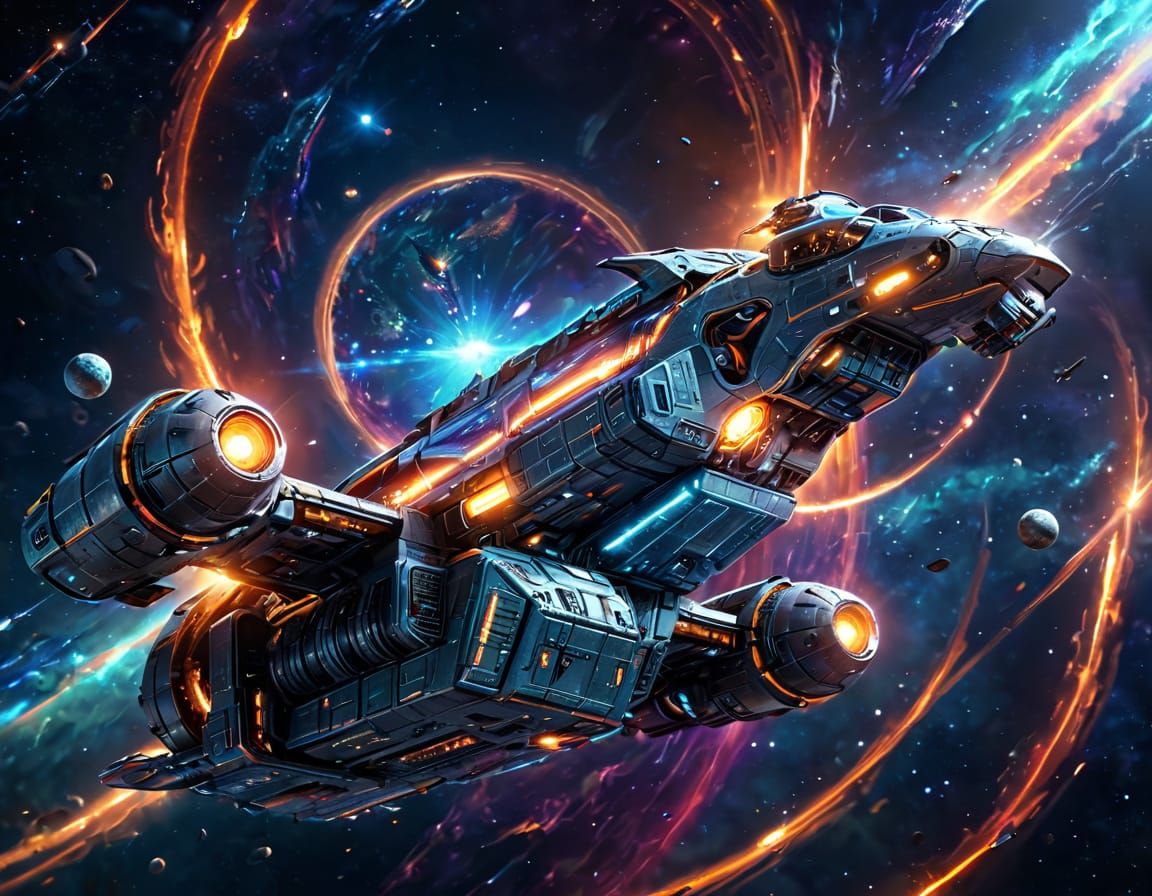 Serenity Space Transport in Neon Sci-Fi Art