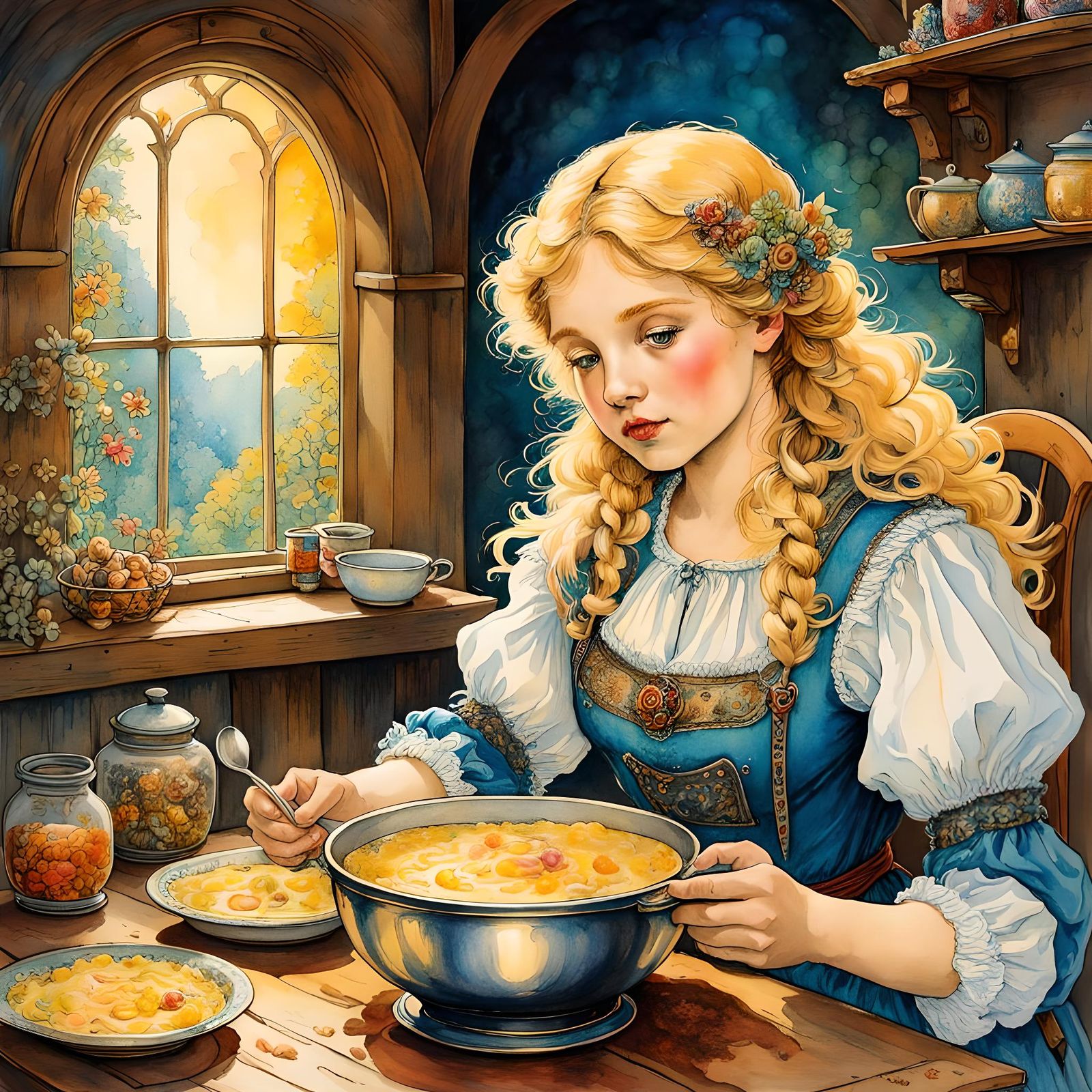 Goldilocks Illustration in Watercolor Ink Style
