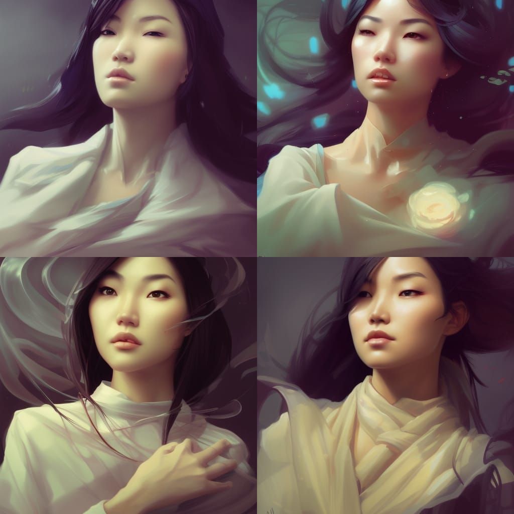 Elegant Asian Woman Portrait in Hyperdetailed Splash Art