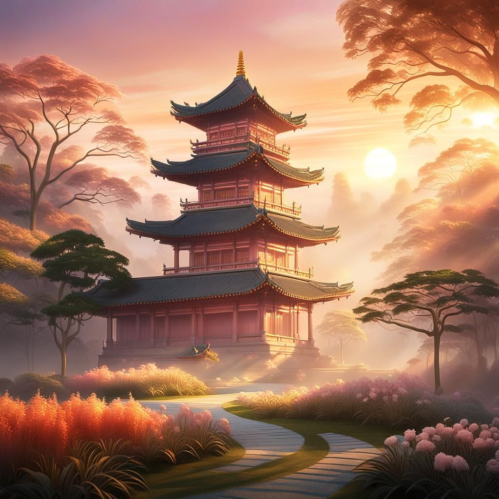 Serene Asian Sunset Temple in Golden Hour Light