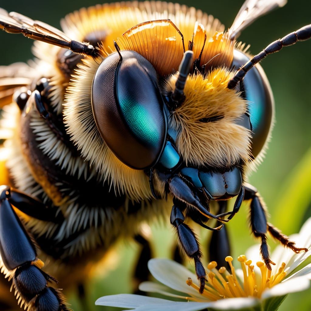 Hyper-Realistic Close-Up of a Busy English Honey Bee