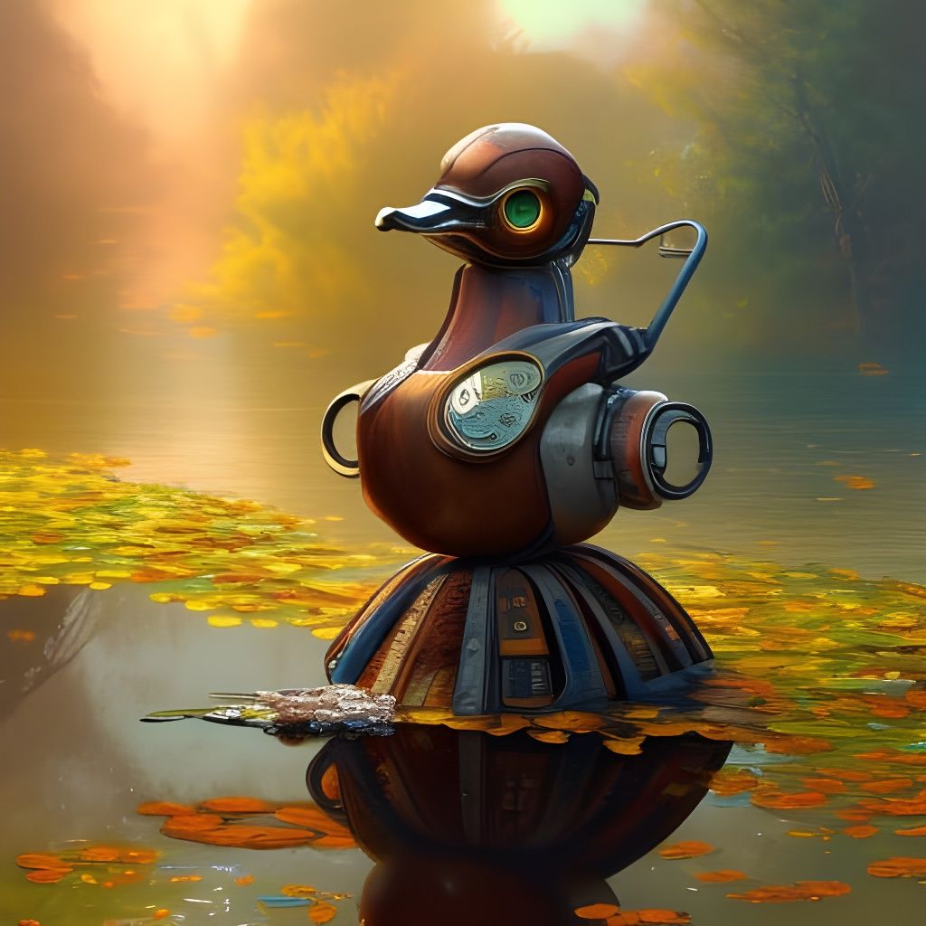 Steampunk Robot Duck Portrait in Autumn Pond