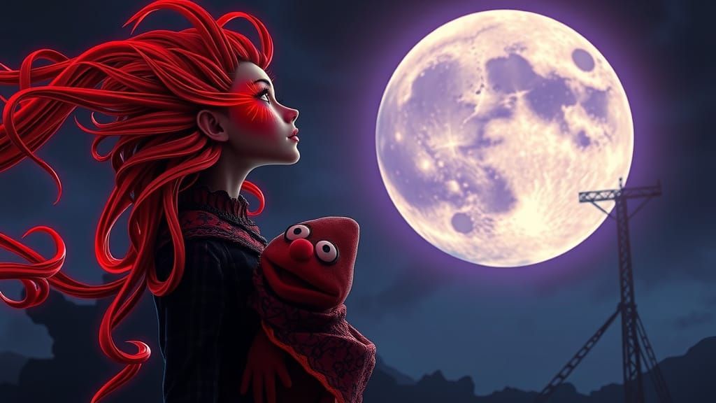 Cyberpunk Goddess Stares at a Neon Moon with a Muppet on Her...