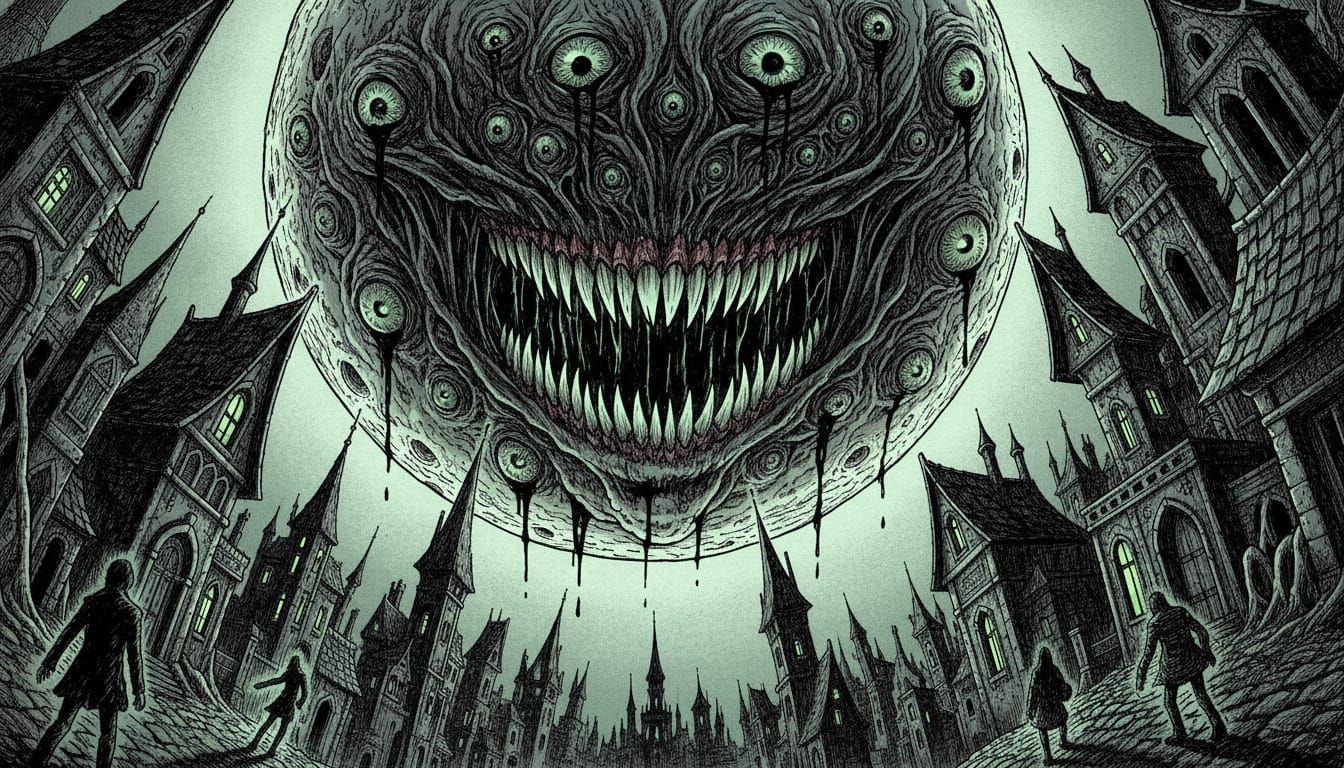 Malevolent Moon Over City in Junji Ito Style