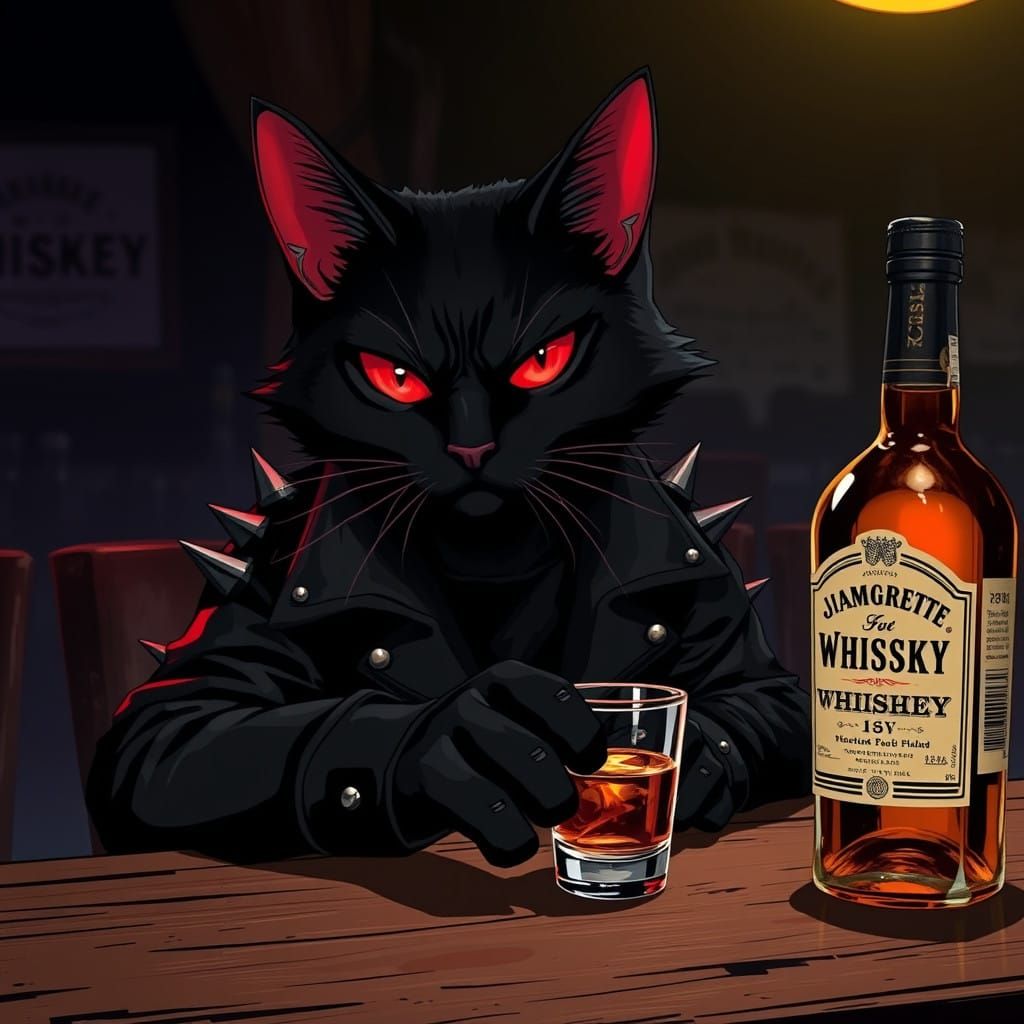 Cyberpunk Whiskey Cat Reclines in Dark Bar