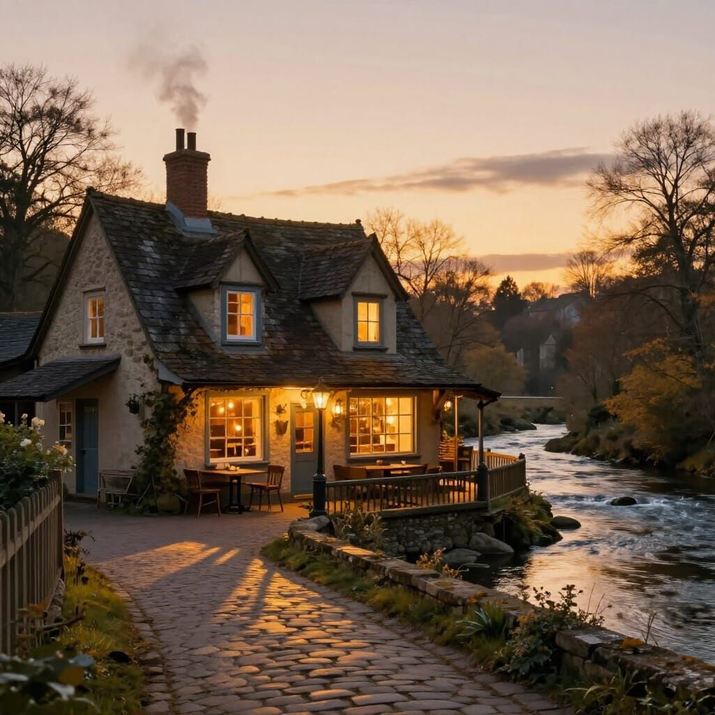 Twilight Village Cafe by River in Golden Hour Light