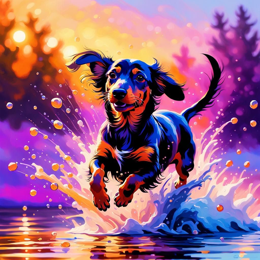 Serene Sunset Scene of a Daschund Jumping into Water