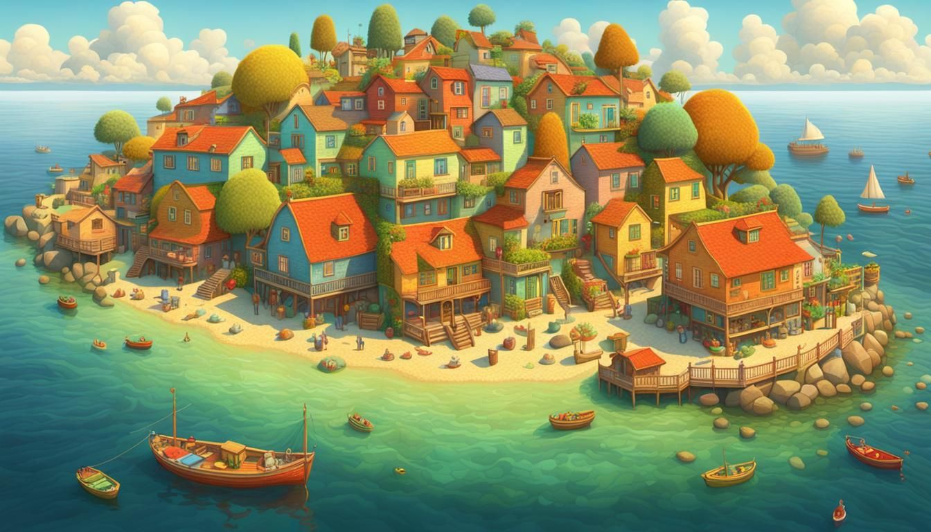 Colorful Naive Seascape in Panoramic View