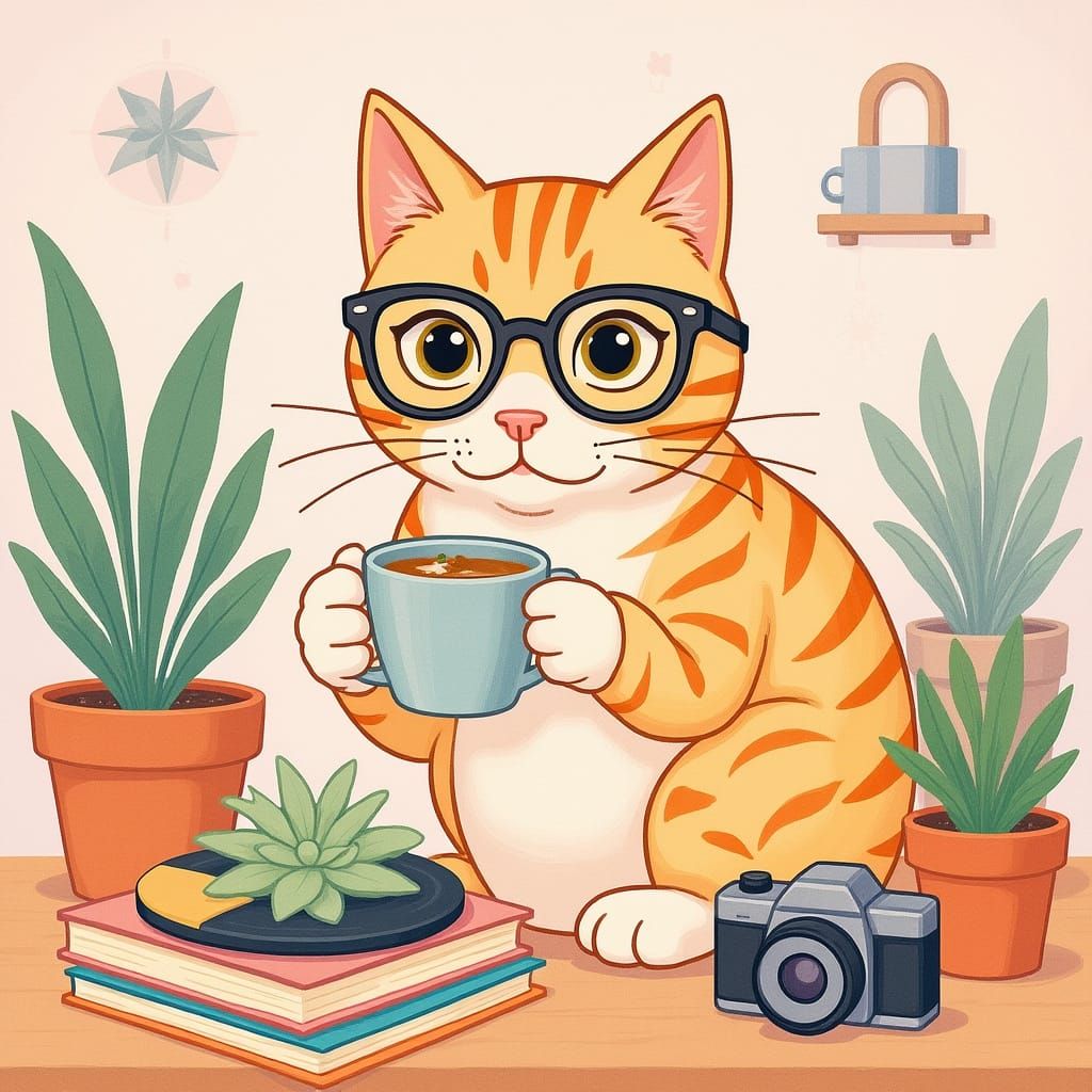 Hipster Cat Sipping Latte Among Vintage Treasures