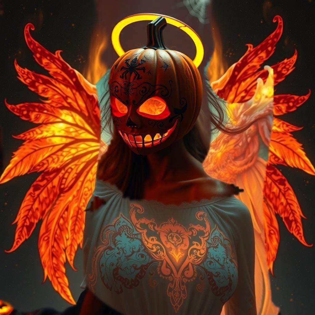Horrific Halloween Angel in Pumpkin Mask Portrait