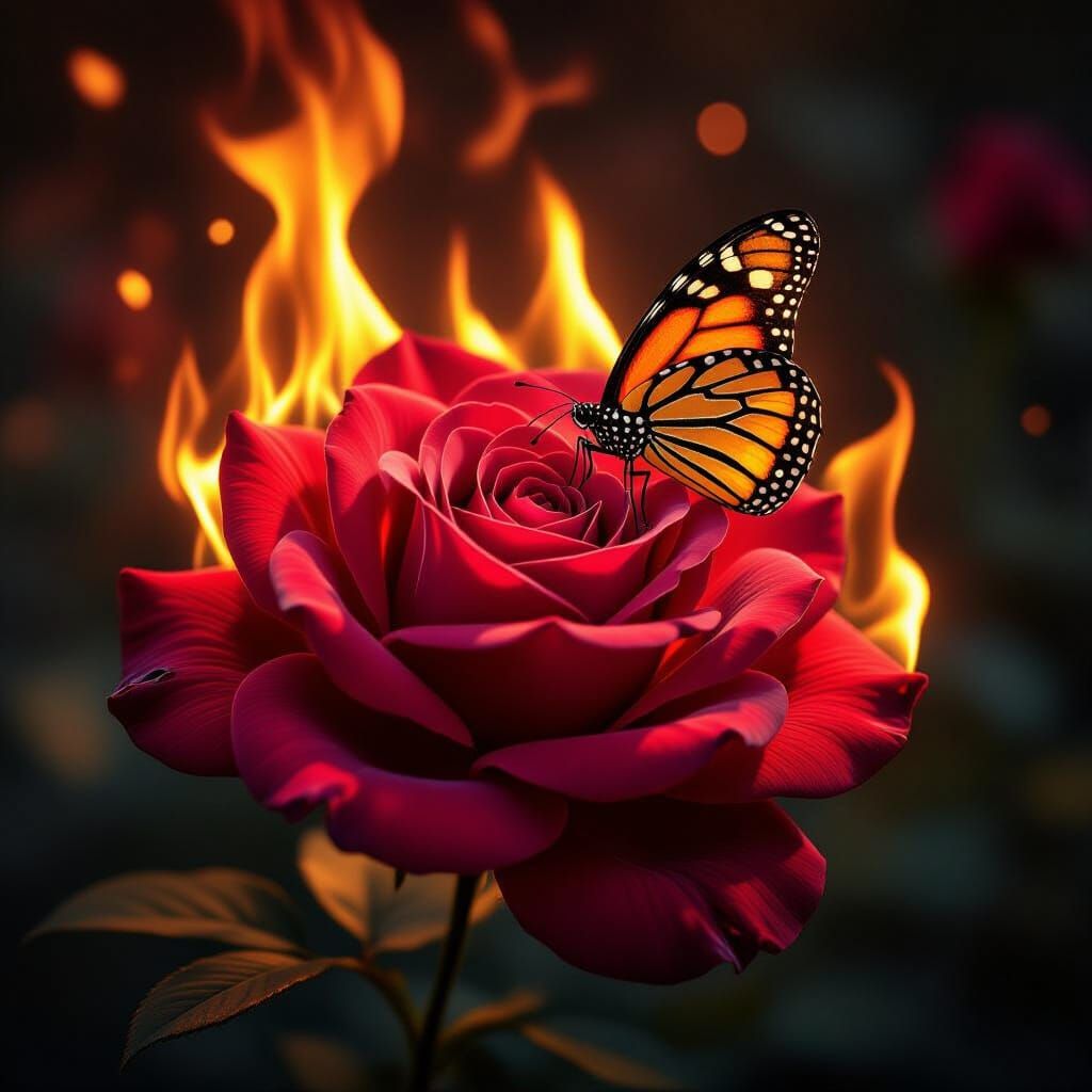 Crimson Rose Ablaze with Monarch Butterfly in Surreal Style
