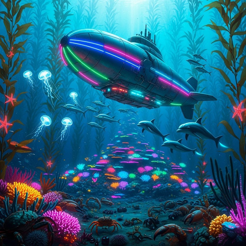 Cyberpunk Submarine Blimp in Kelp Forest