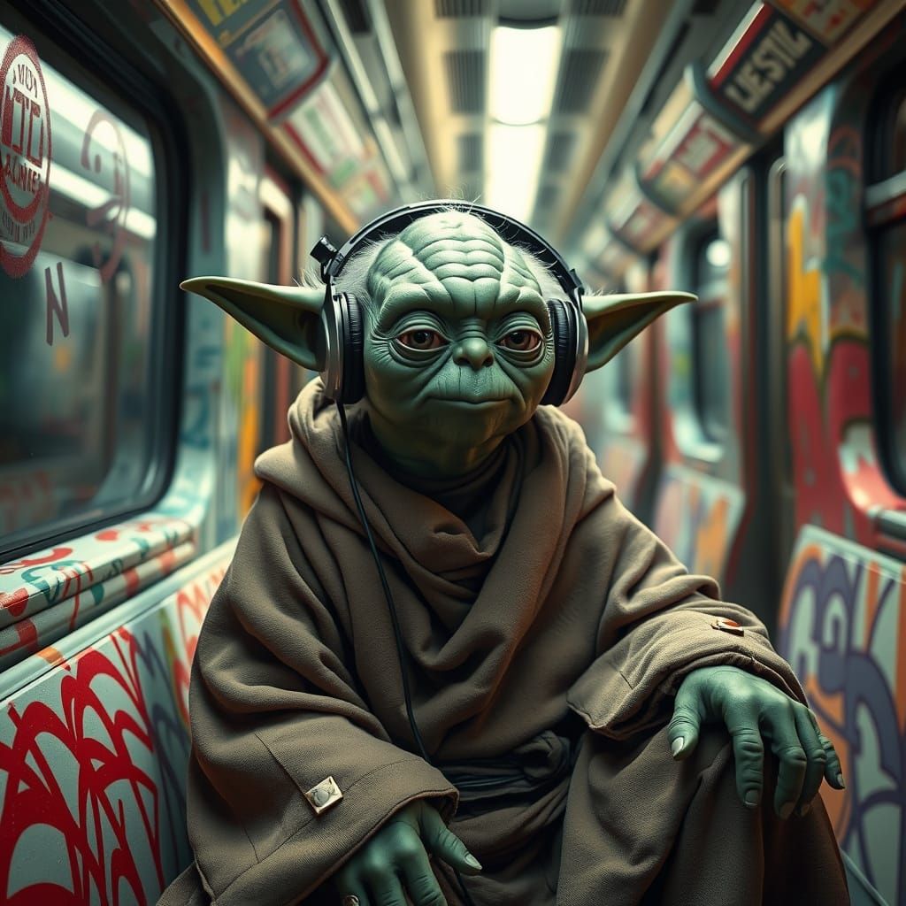 Yoda in Graffiti Subway Car, Cinematic Light