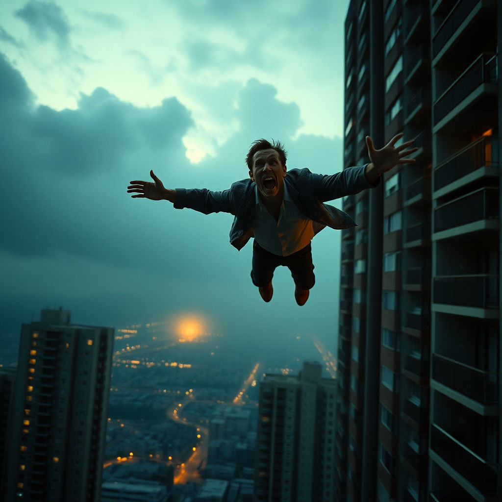 Terrified Person Plummeting from Skyscraper at Dusk
