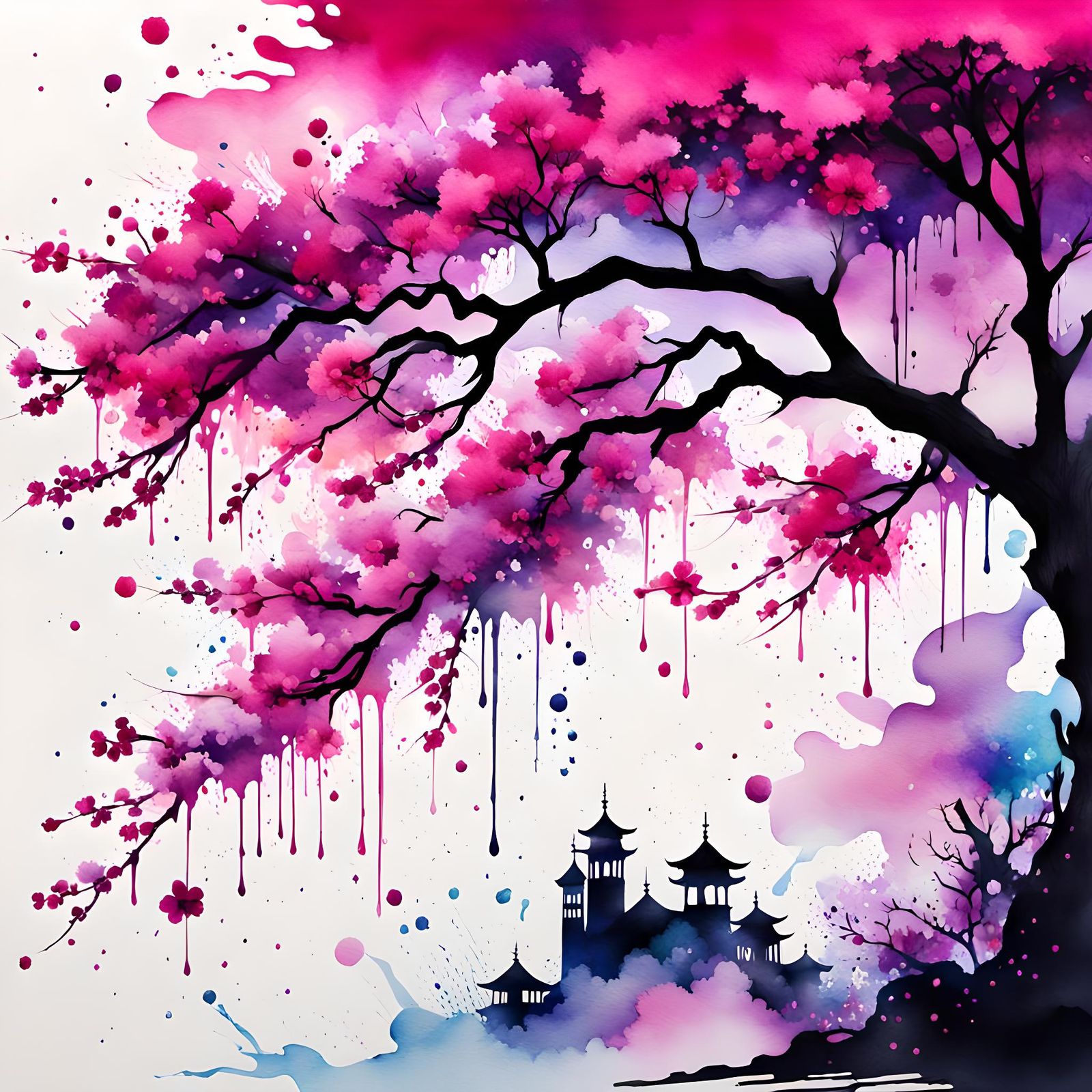 Magenta Sakura Silhouette in Watercolor Splash Art