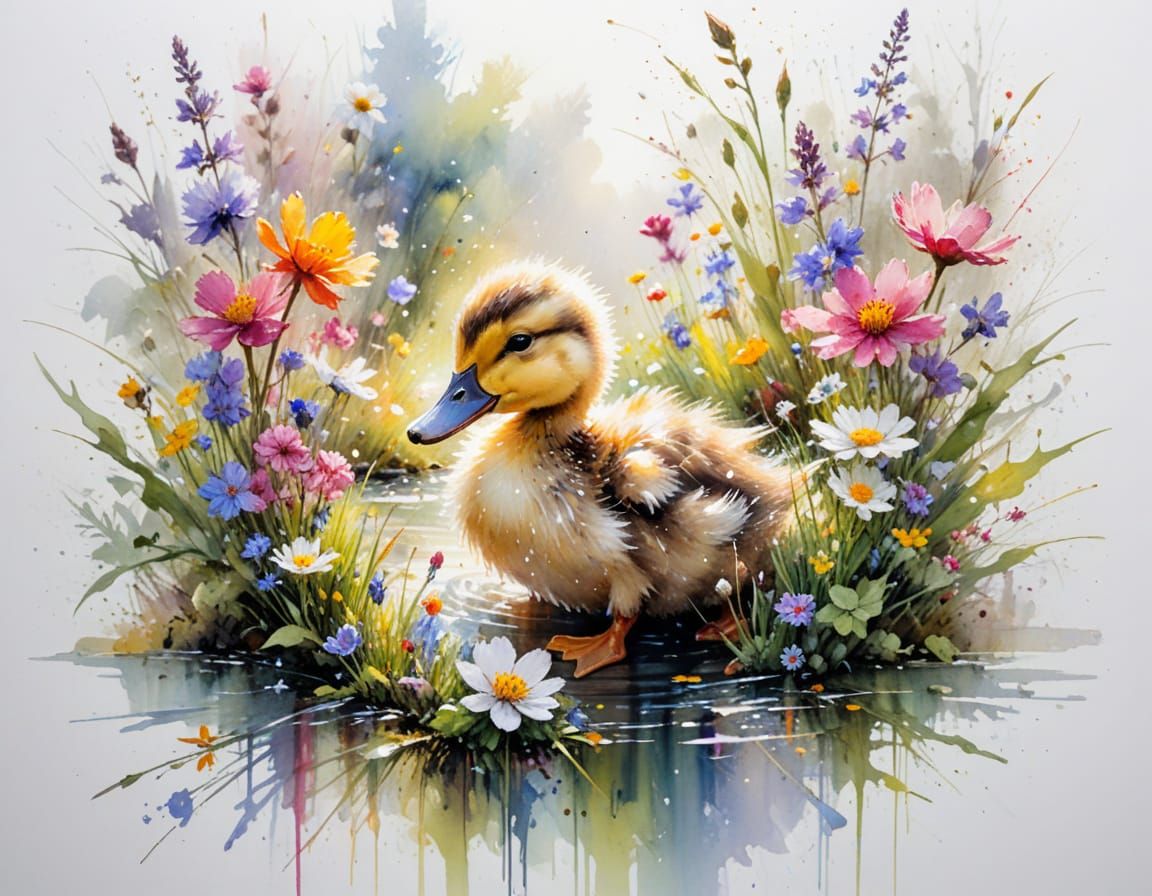 Playful Duckling in Sunlit Garden: Watercolour Style