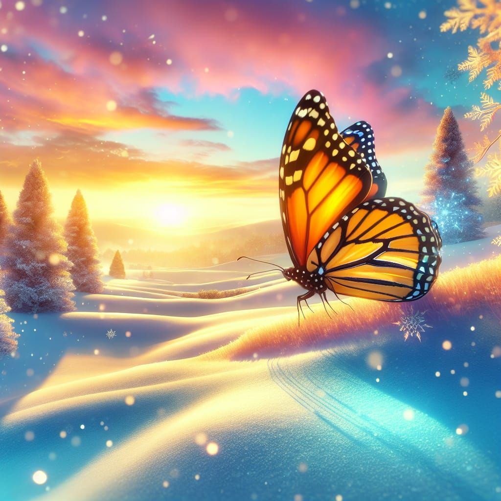 Surreal Christmas Monarch Butterfly in Sunset Glow