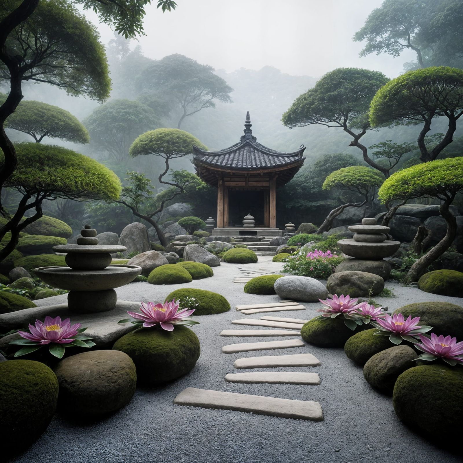 Peaceful Zen Garden Landscape with Water Wall and Mist