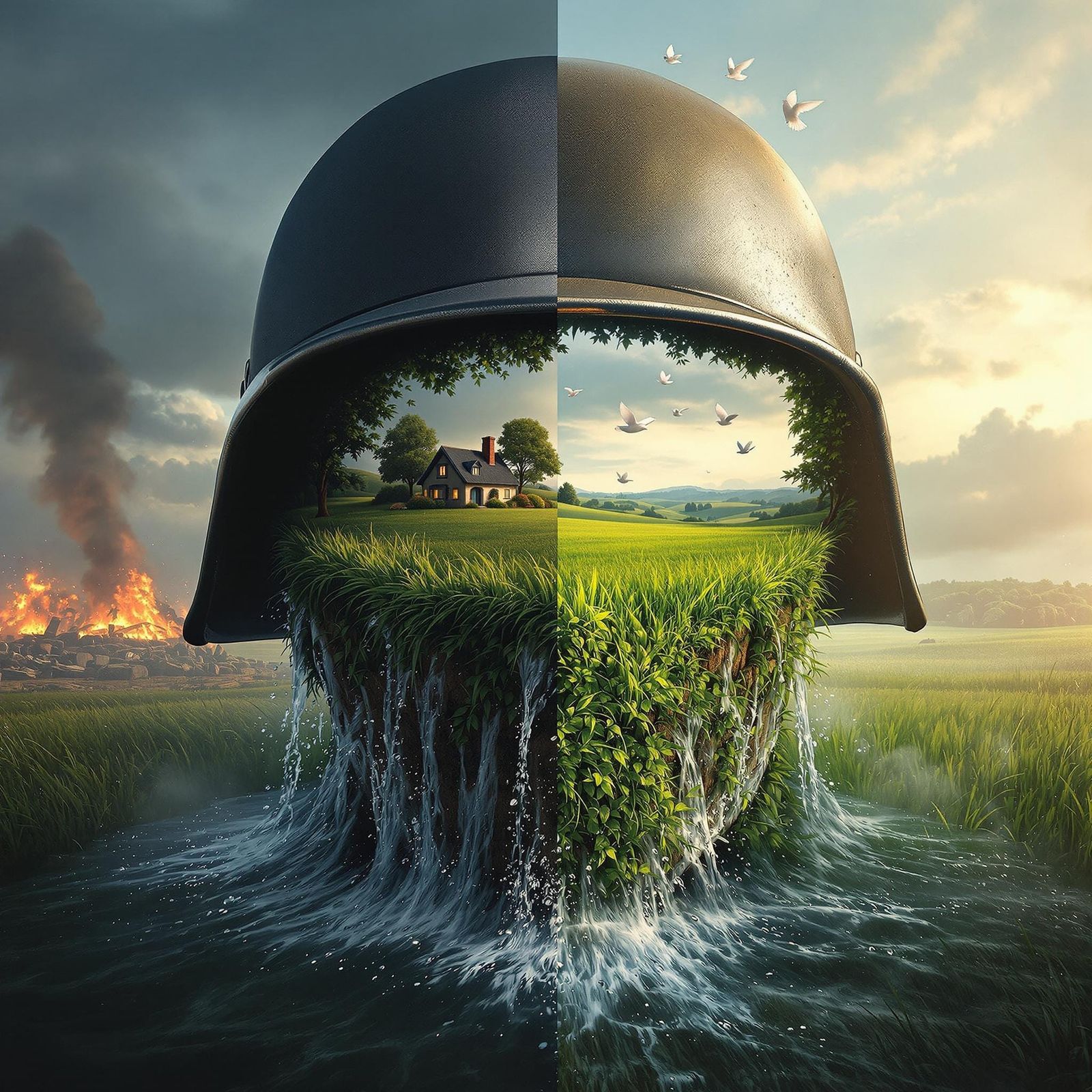 Soldier's Helmet Transforms into Idyllic Landscape
