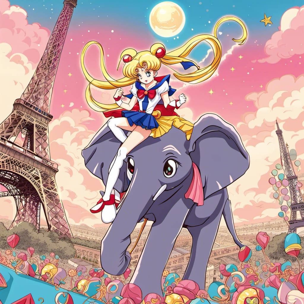 Sailor Moon Rides an Elephant in Paris: Anime Art