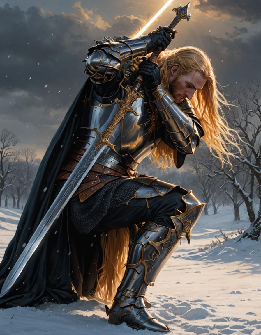 Kneeling Knight in Snowy Field: Dark Fantasy Art