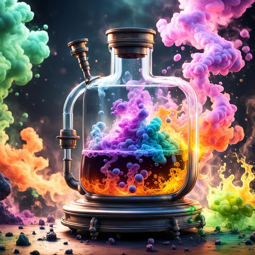 Colorful Science Flask with Chemical Smoke, Detailed Art