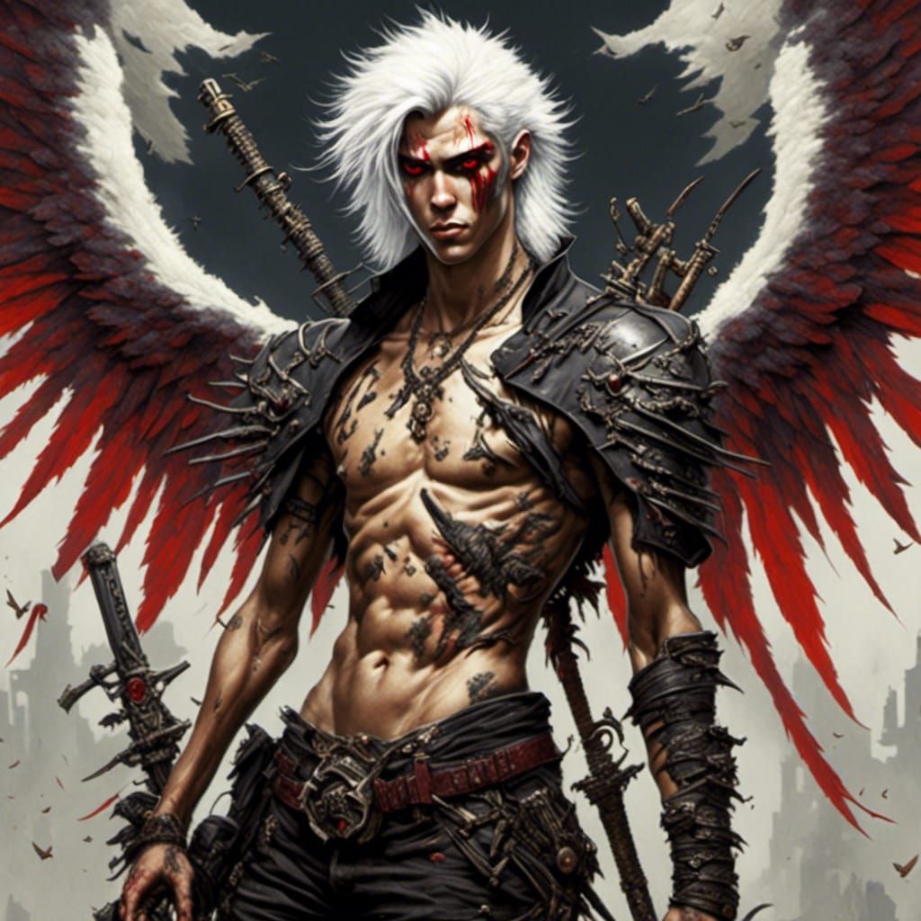 Half Demon Warrior with Katana and Black Wings