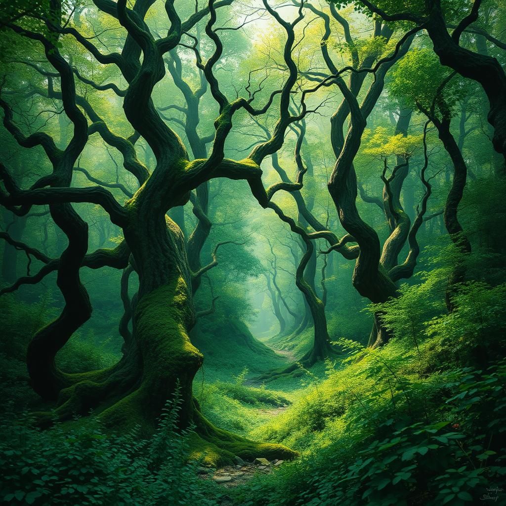 Mystical Forest in Impressionistic Art Nouveau Style