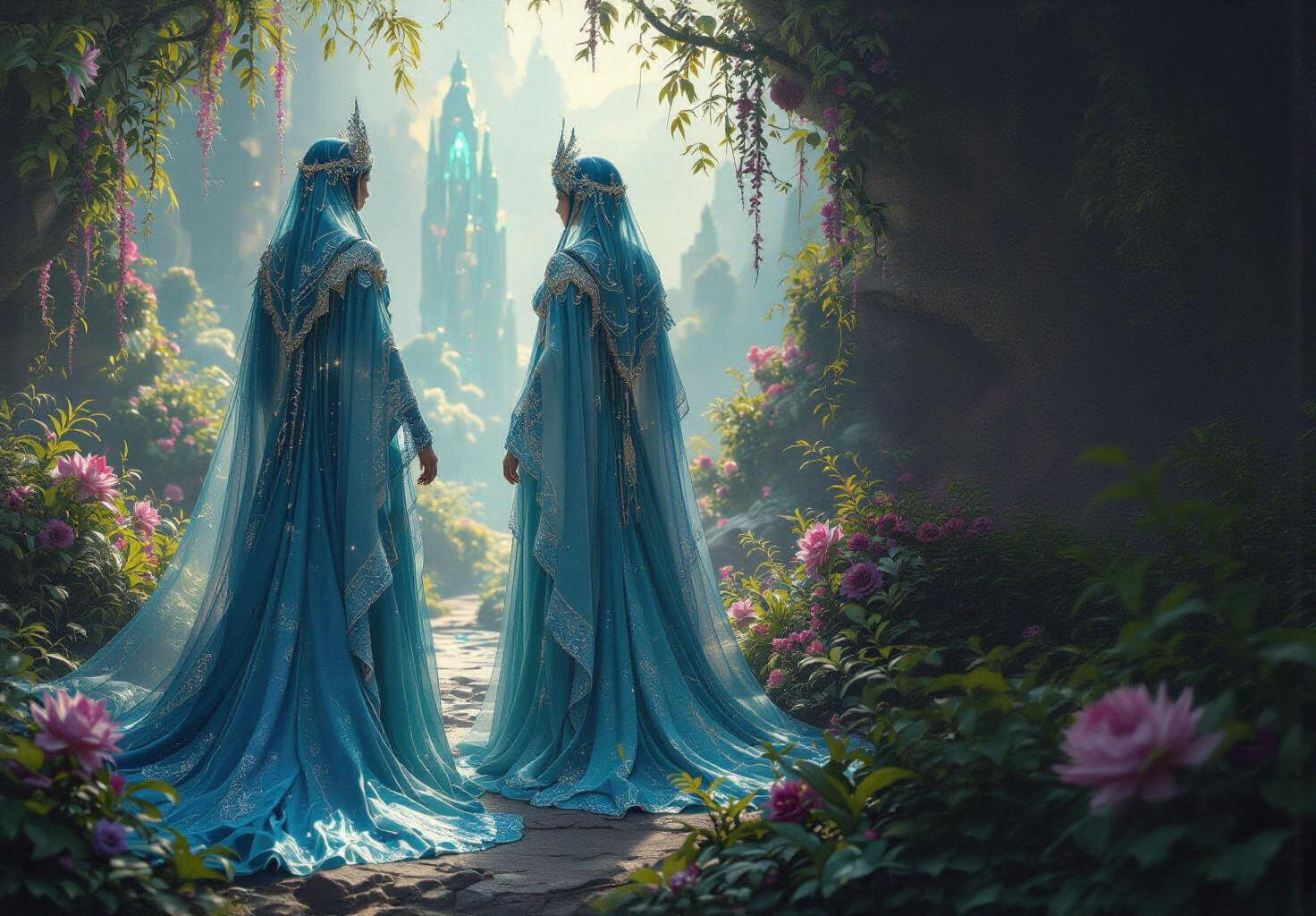 Celestial Beings in Jewel-Toned Fantasy Landscape