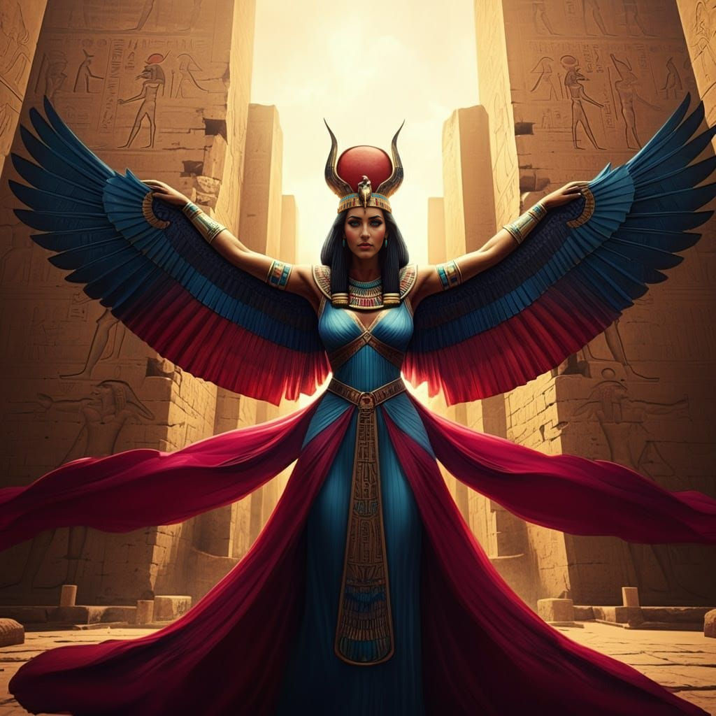 Ancient Egyptian Goddess Mut in Vibrant Kalasiris Dress