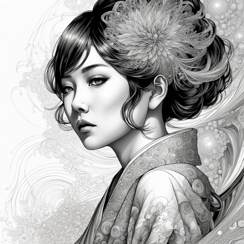 detailed pen ink, Line art of a beautiful Japanese female, line art, 1920s