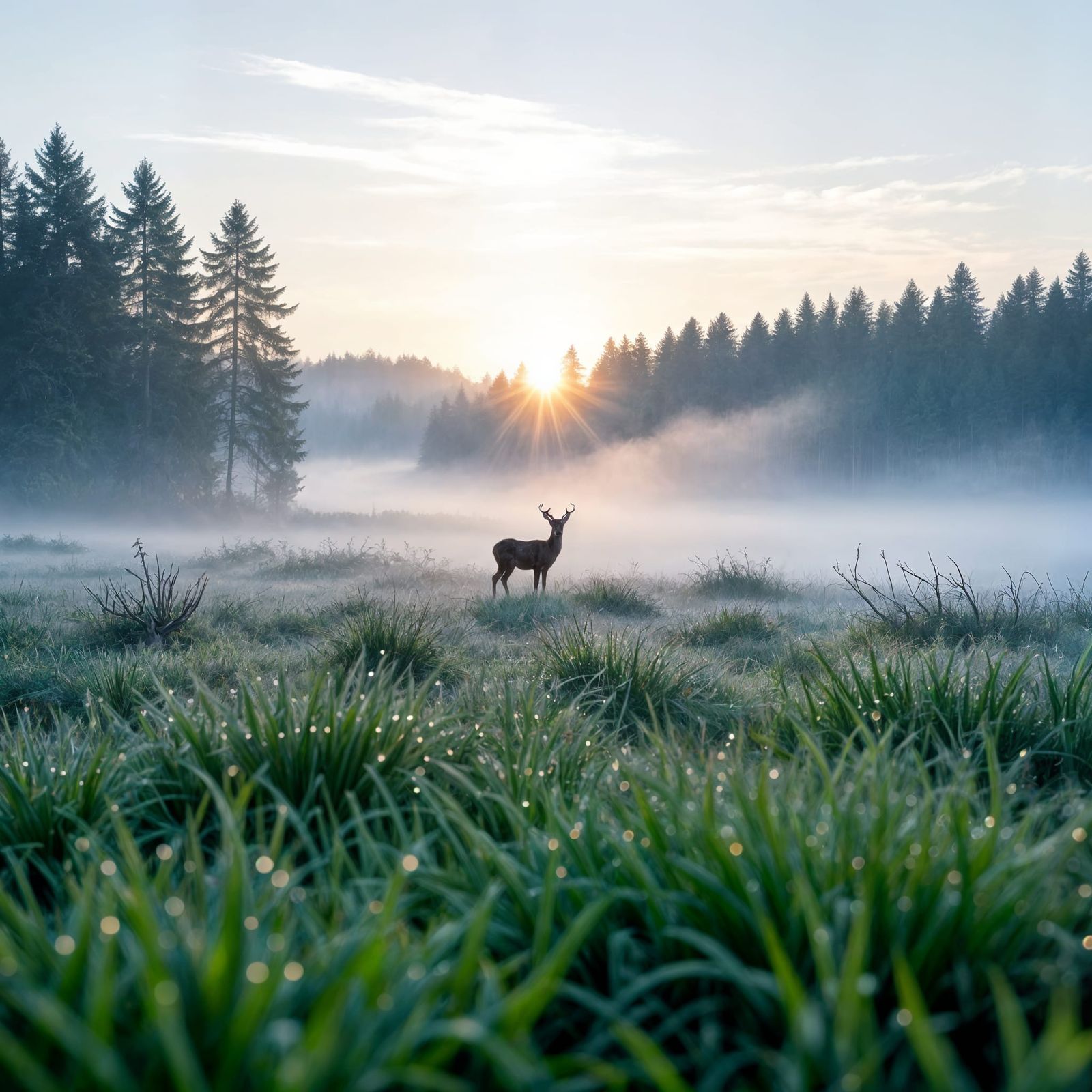 Misty Forest Clearing at Sunrise with Deer Silhouette