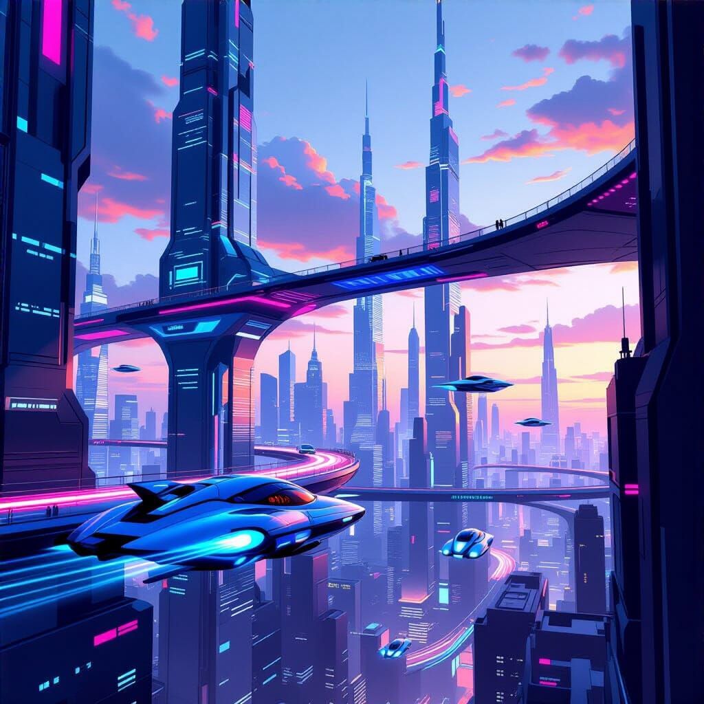 Futuristic Cyberpunk Cityscape at Dusk