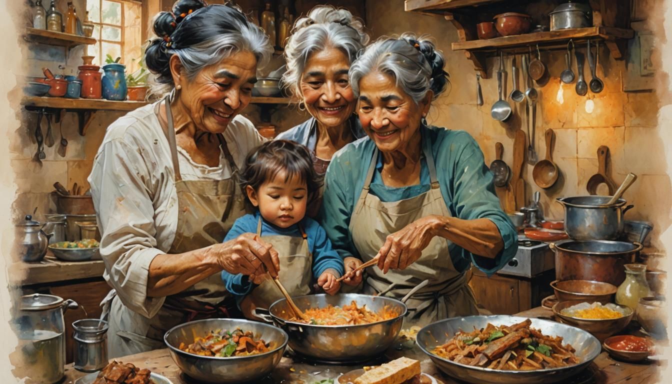 Abuela Cooking Flautas with Grandchild, Nostalgic Art