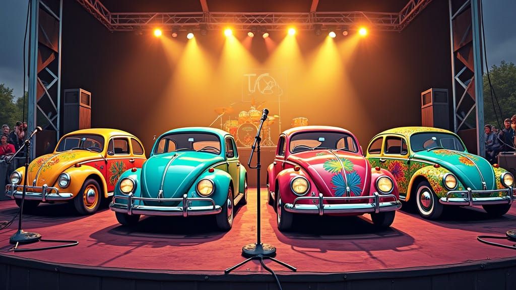 Psychedelic Beetles Rock Stage in Vibrant Colors