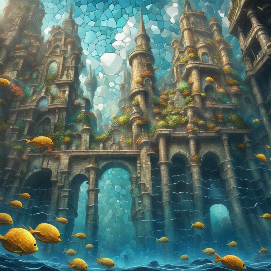Detailed Mosaic of Underwater City in Watercolor Style