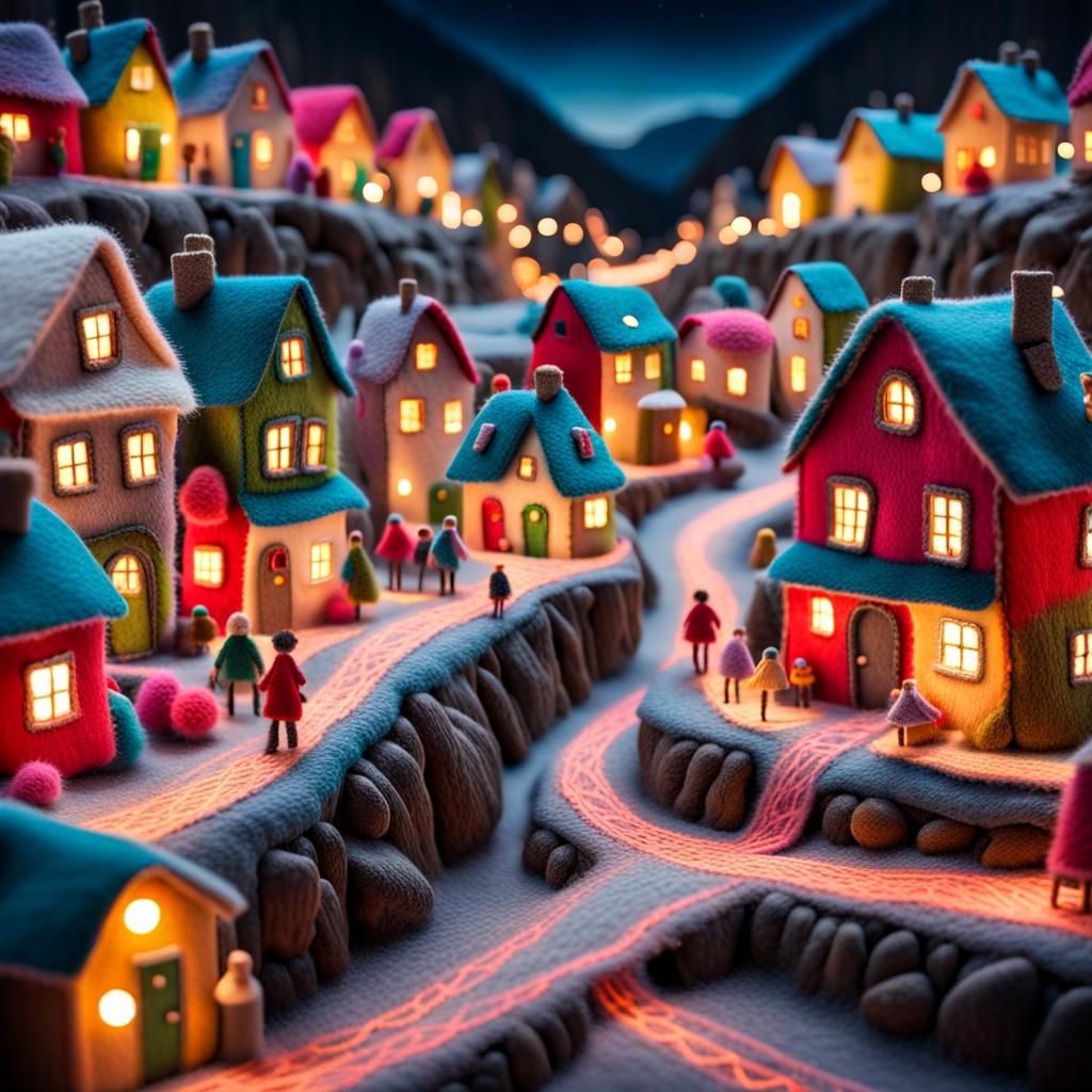 Colorful Yarn Village with Romantic Lighting