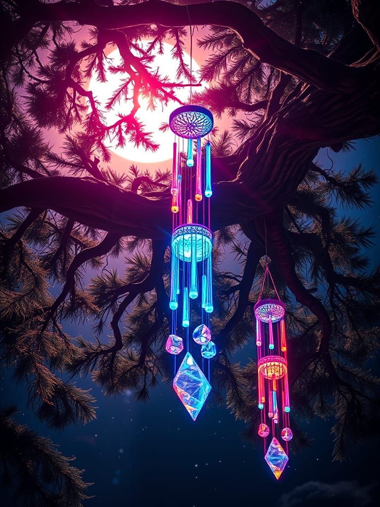 Hyperrealistic Wind Chimes in Neon-Lit, Futuristic Landscape