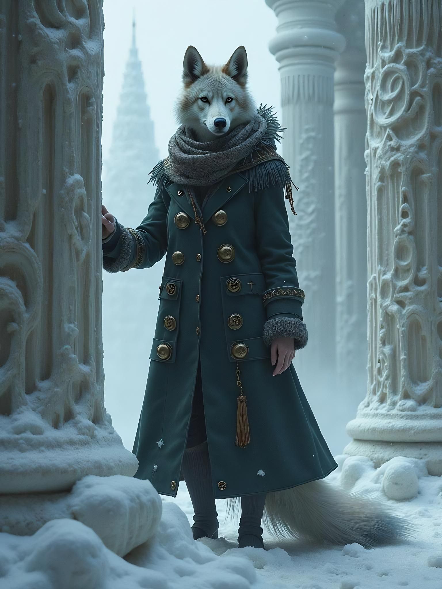 Frostpunk Wolf Girl Portrait in Crystal Palace Ruins