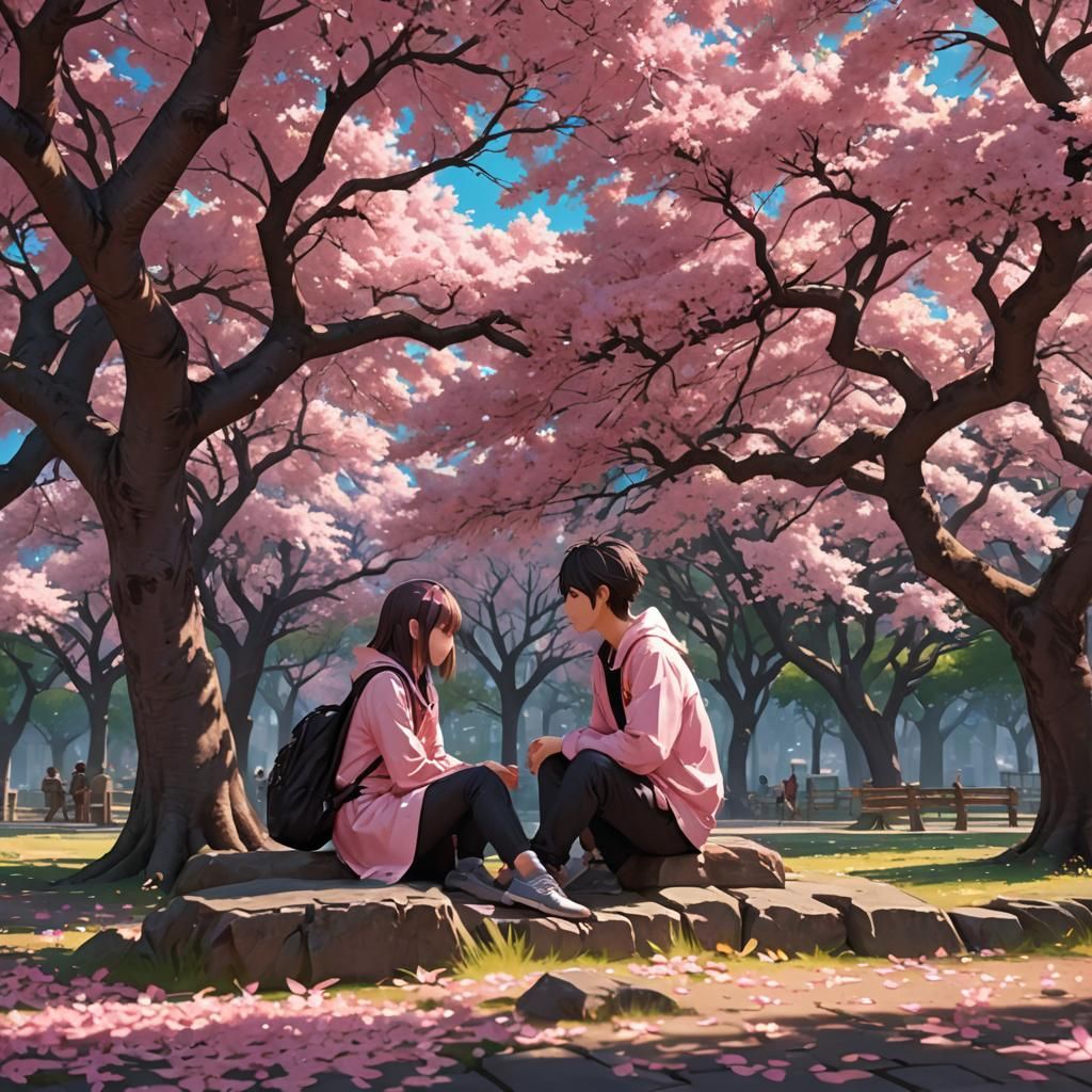 Boy and Girl Under Pink Tree in Anime Style