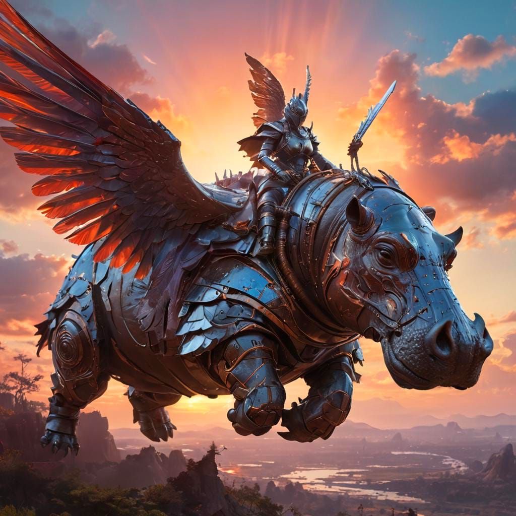 Intricately Armored Hippo Warrior Soars Through Vibrant Nebu...