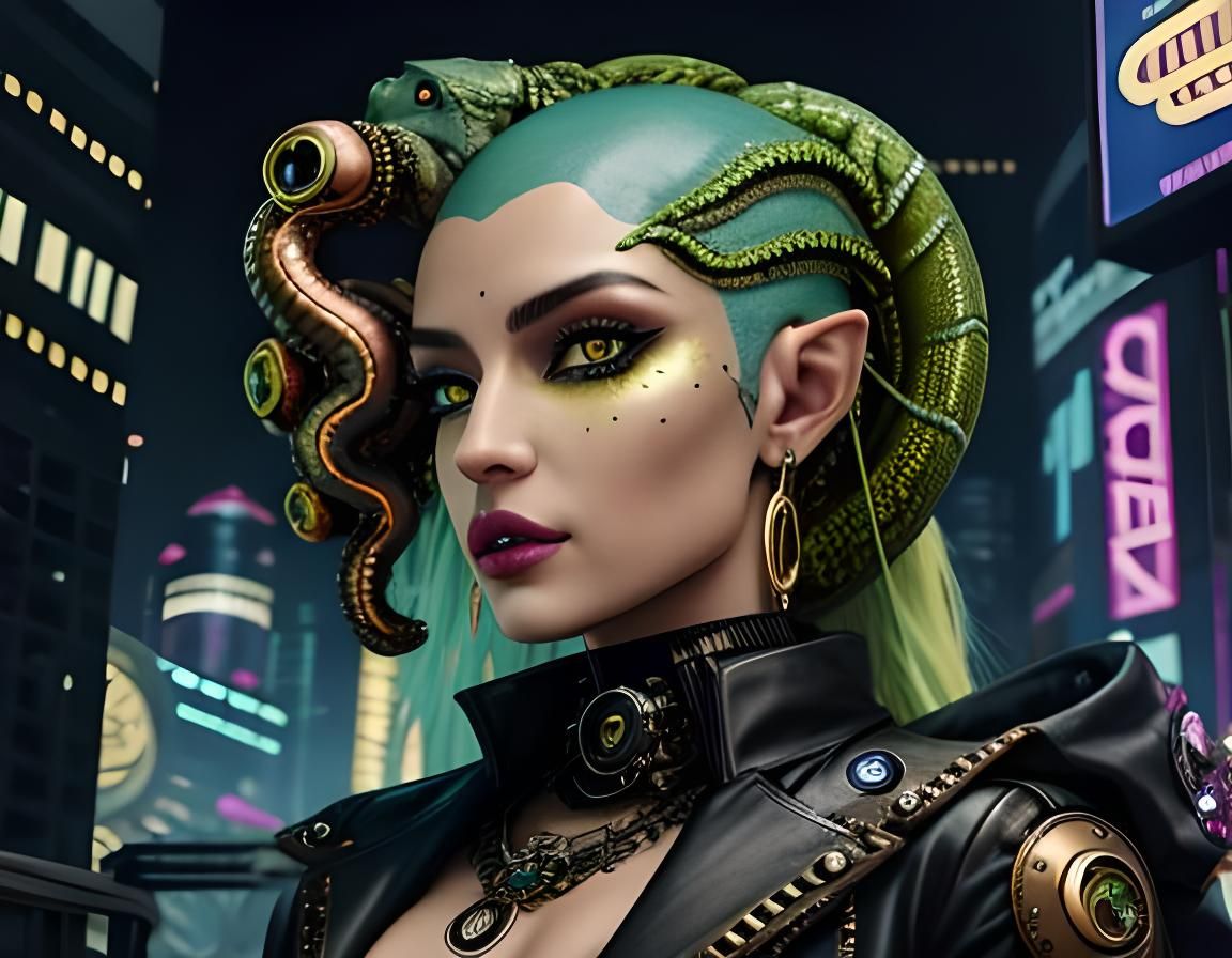 Surreal Reptilian Cyberpunk Medusa Portrait
