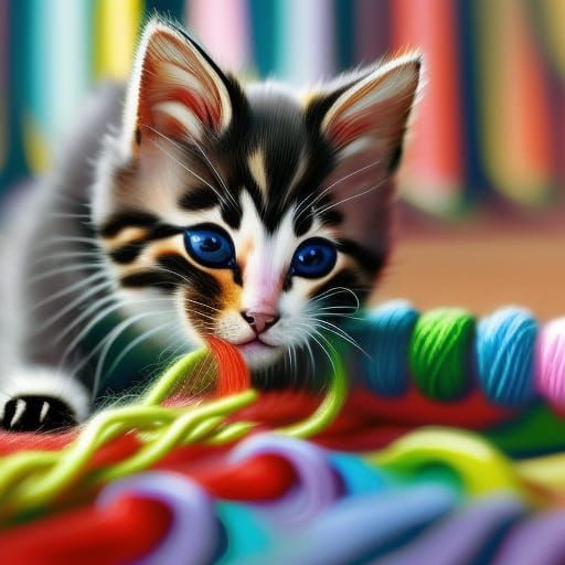 Adorable Kitten Attacks Yarn: Hyperrealistic Concept Art