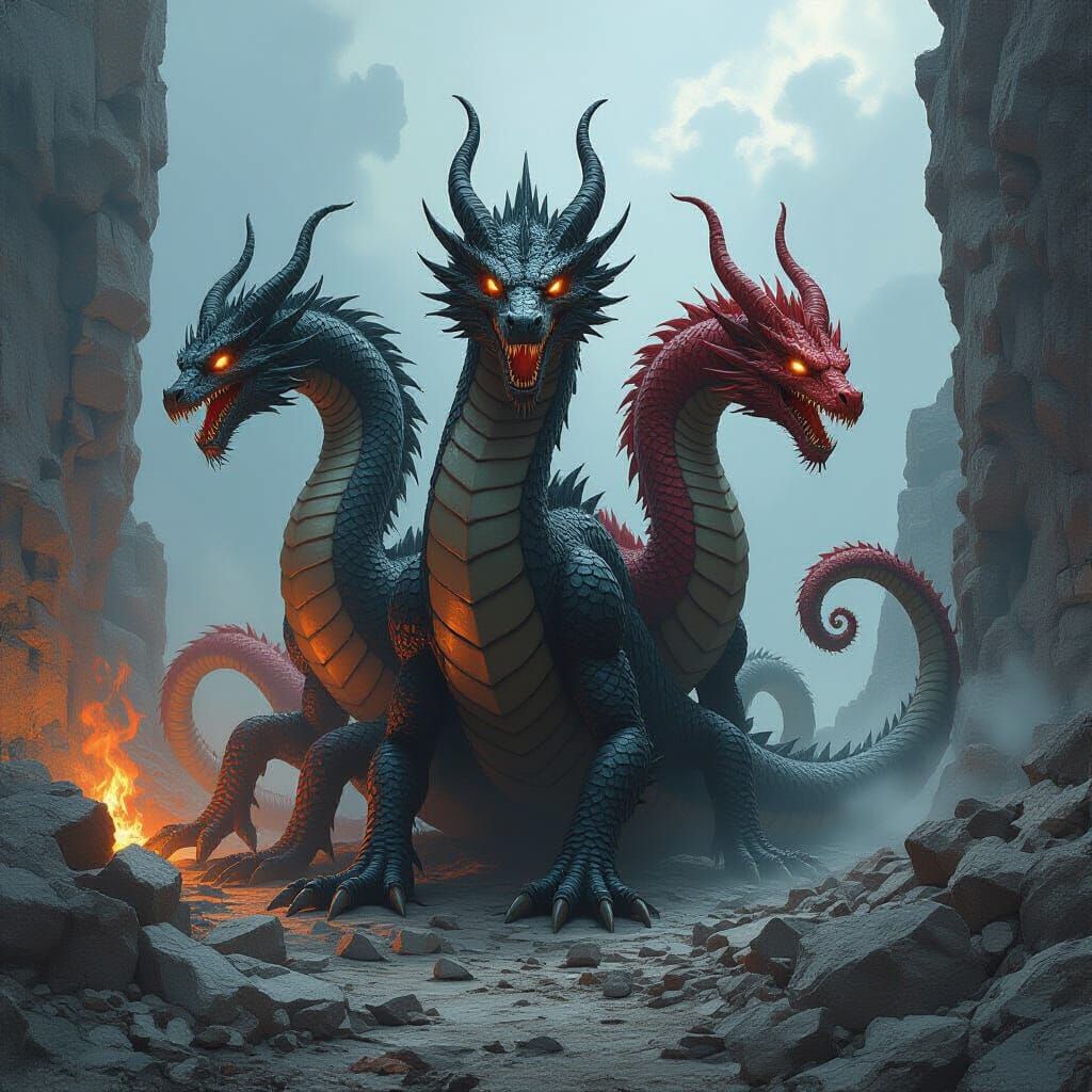 Monstrous Three-Headed Dragon Chimera Amidst Rubble