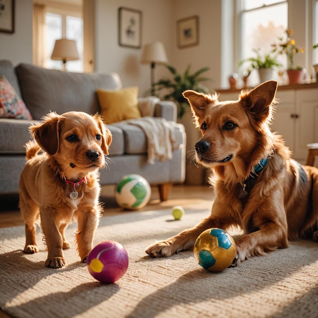 Photorealistic Dog and Girl Playing Ball, Golden Hour